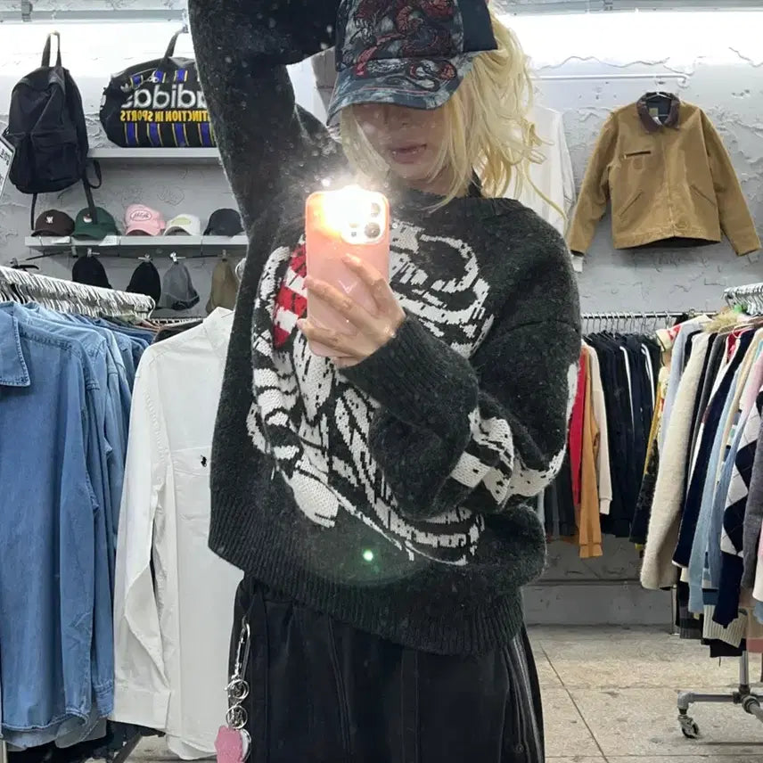 [BUNJANG] Vintage Bones Printed Mohair Knit Sweater / 빈티지 본즈 프린팅 모헤어 니트