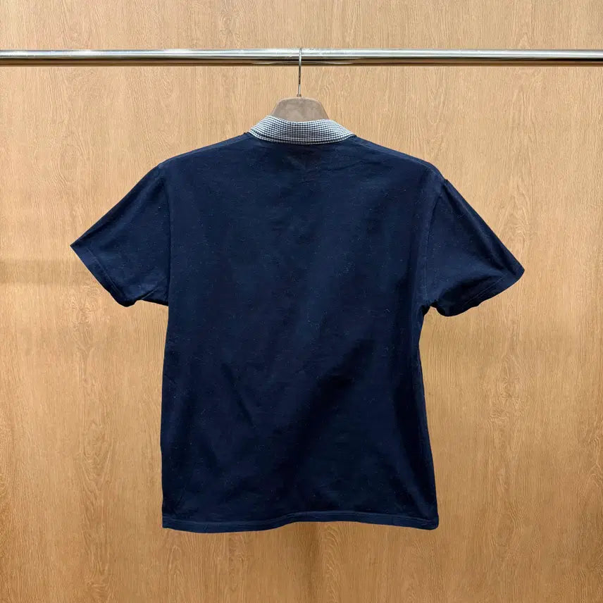 [BUNJANG] Burberry Black Label Checkered Collar T-shirt Slim Fit Navy / 버버리 블랙라벨 체크 카라 반팔 티셔츠 자수 로고 디테일 슬림핏 네이비