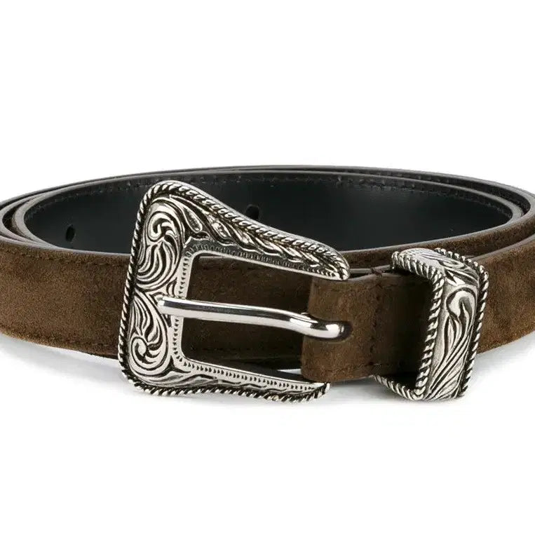 [BUNJANG] Saint Laurent Brown Suede Leather Western Buckle Belt / 생로랑 신상 브라운 스웨이드 가죽 레더 시그니처 웨스턴 버클 벨트