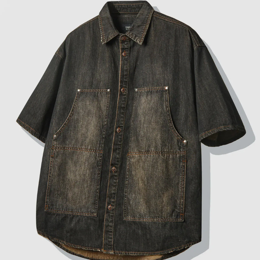 [BUNJANG] Dimitri Black Double Knee Denim Short Sleeve Shirt / 새) 디미트리블랙 더블니 데님 반팔 셔츠 블랙 M, L, XL