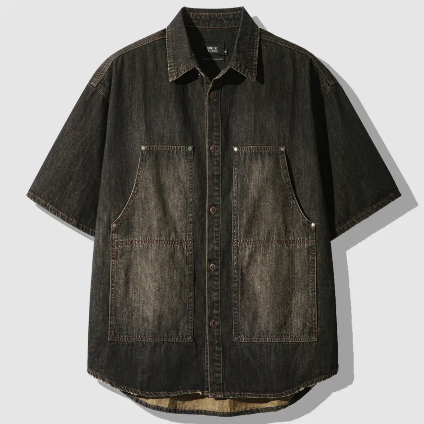 [BUNJANG] Dimitri Black Double Knee Denim Short Sleeve Shirt / 새) 디미트리블랙 더블니 데님 반팔 셔츠 블랙 M, L, XL