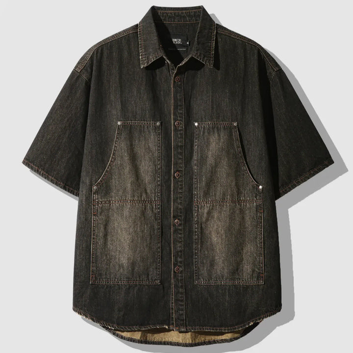 [BUNJANG] Dimitri Black Double Knee Denim Short Sleeve Shirt / 새) 디미트리블랙 더블니 데님 반팔 셔츠 블랙 M, L, XL