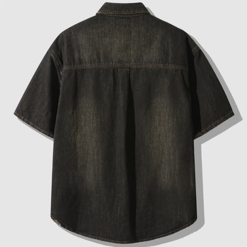 [BUNJANG] Dimitri Black Double Knee Denim Short Sleeve Shirt / 새) 디미트리블랙 더블니 데님 반팔 셔츠 블랙 M, L, XL