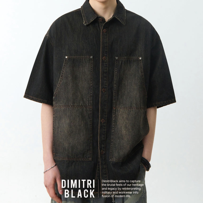 [BUNJANG] Dimitri Black Double Knee Denim Short Sleeve Shirt / 새) 디미트리블랙 더블니 데님 반팔 셔츠 블랙 M, L, XL