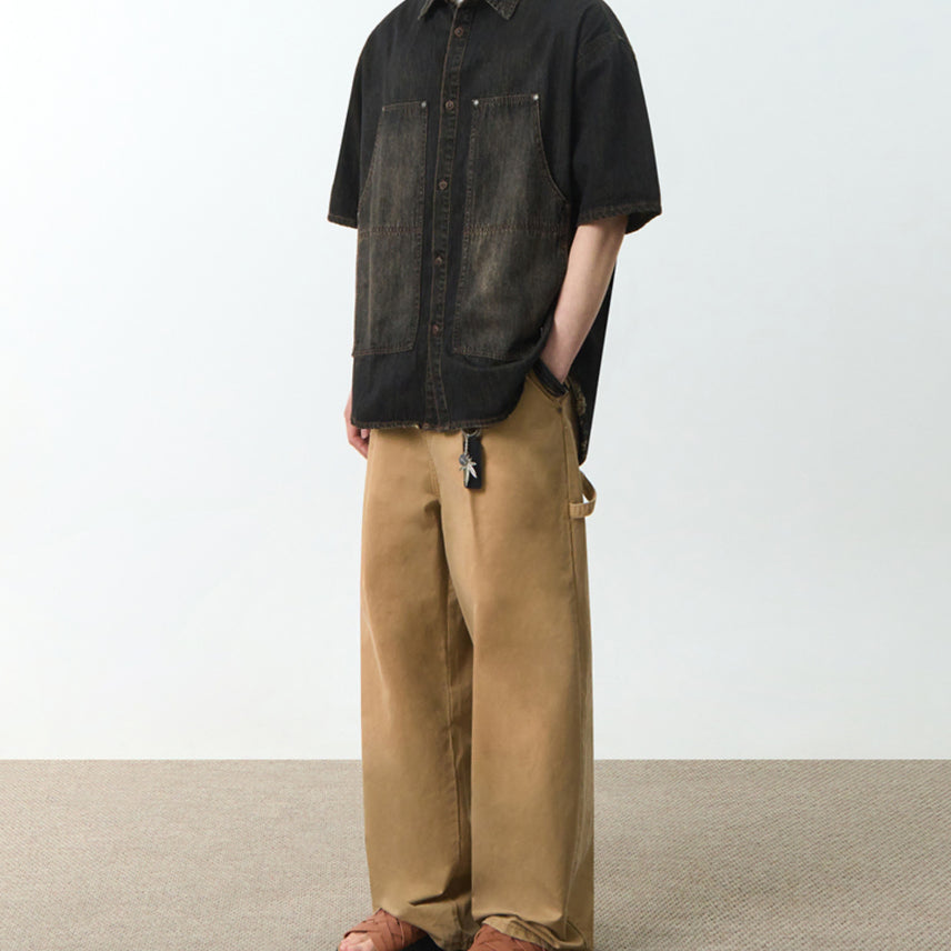 [BUNJANG] Dimitri Black Double Knee Denim Short Sleeve Shirt / 새) 디미트리블랙 더블니 데님 반팔 셔츠 블랙 M, L, XL