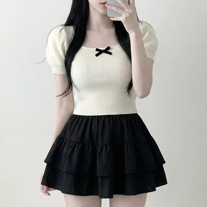 [BUNJANG] Ivory Ribbon Puff Sleeve Knit Top / 당일발송) 새상품 아이보리 리본 퍼프 반팔 니트