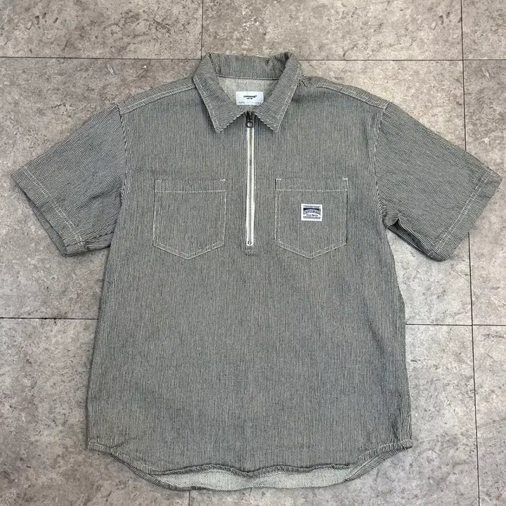 [BUNJANG] Espionage Stripe Half-Zip Short Sleeve Shirt - Black / 에스피오나지 스트라이프 반집업 반팔 셔츠 블랙 