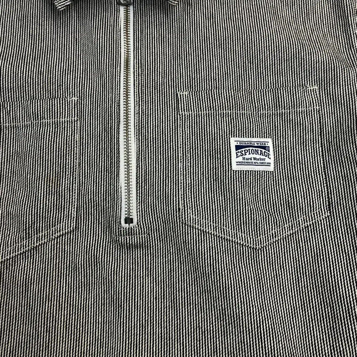 [BUNJANG] Espionage Stripe Half-Zip Short Sleeve Shirt - Black / 에스피오나지 스트라이프 반집업 반팔 셔츠 블랙 