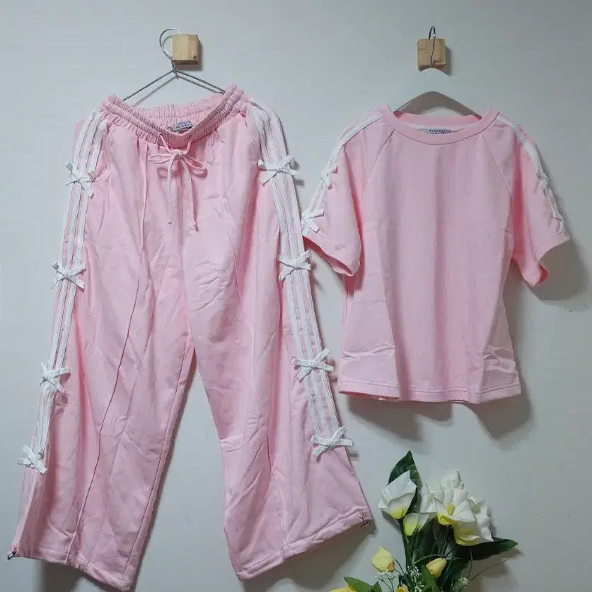 [BUNJANG] Pink Ribbon Trimmed Wide Jogger Tracksuit Set / 삼선리본테이핑 쭈리면 와이드 조거 트레이닝 세트 새상품