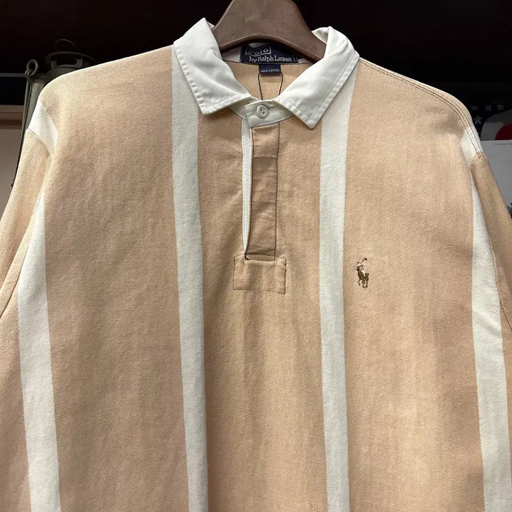 [BUNJANG] Polo Ralph Lauren Rugby Shirt / 90s 폴로 랄프로렌 살몬 스트라이프 브라운포니 럭비셔츠 N912