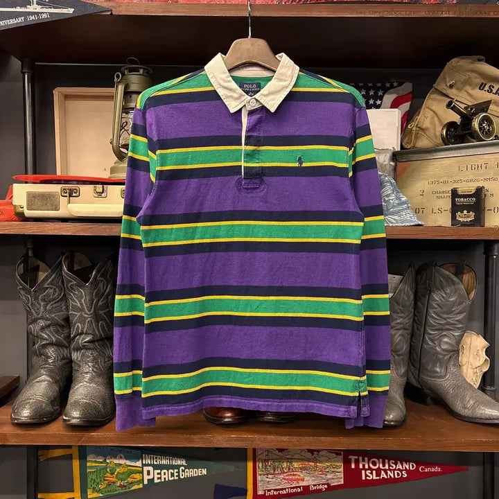 [BUNJANG] Polo Ralph Lauren Striped Rugby Shirt / 신형라벨 폴로 랄프로렌 멀티컬러 스트라이프 저지 럭비셔츠 퍼플 N913
