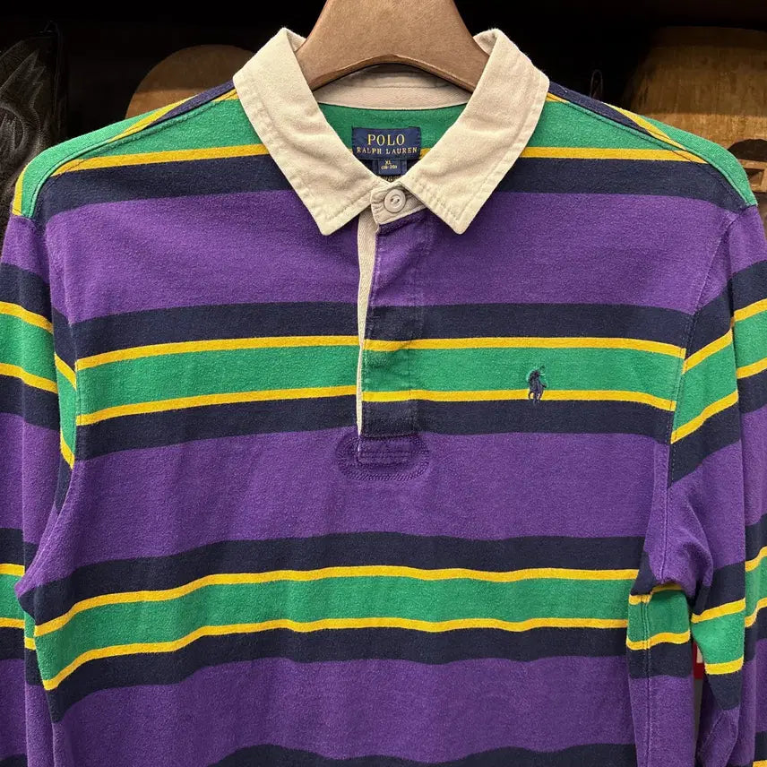 [BUNJANG] Polo Ralph Lauren Striped Rugby Shirt / 신형라벨 폴로 랄프로렌 멀티컬러 스트라이프 저지 럭비셔츠 퍼플 N913