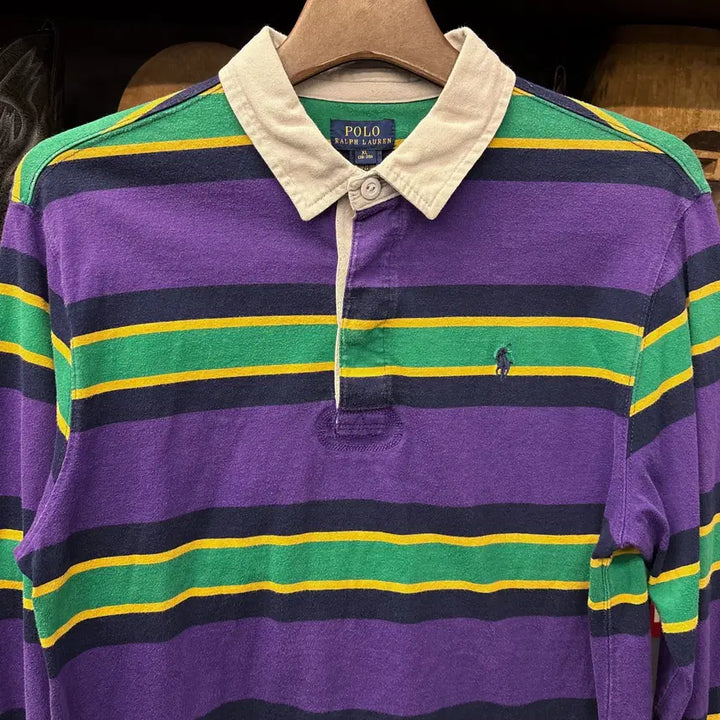 [BUNJANG] Polo Ralph Lauren Striped Rugby Shirt / 신형라벨 폴로 랄프로렌 멀티컬러 스트라이프 저지 럭비셔츠 퍼플 N913