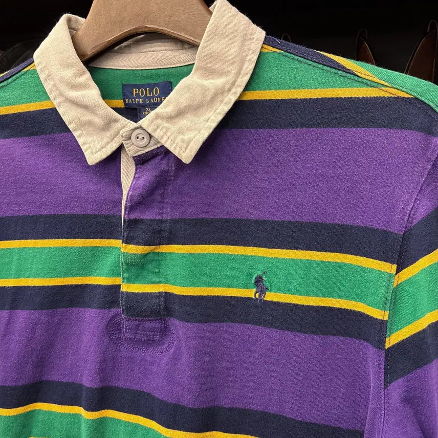[BUNJANG] Polo Ralph Lauren Striped Rugby Shirt / 신형라벨 폴로 랄프로렌 멀티컬러 스트라이프 저지 럭비셔츠 퍼플 N913