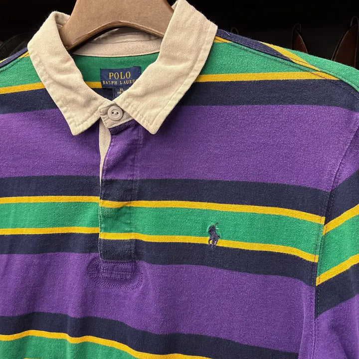 [BUNJANG] Polo Ralph Lauren Striped Rugby Shirt / 신형라벨 폴로 랄프로렌 멀티컬러 스트라이프 저지 럭비셔츠 퍼플 N913