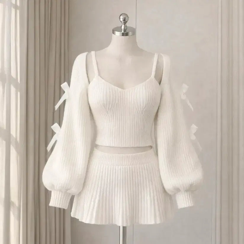 [BUNJANG] YeoriFit Balletcore Ribbon Knit Two-Piece Set / 여리핏 발레코어 리본 니트나시+가디건+치마 투피스 세트