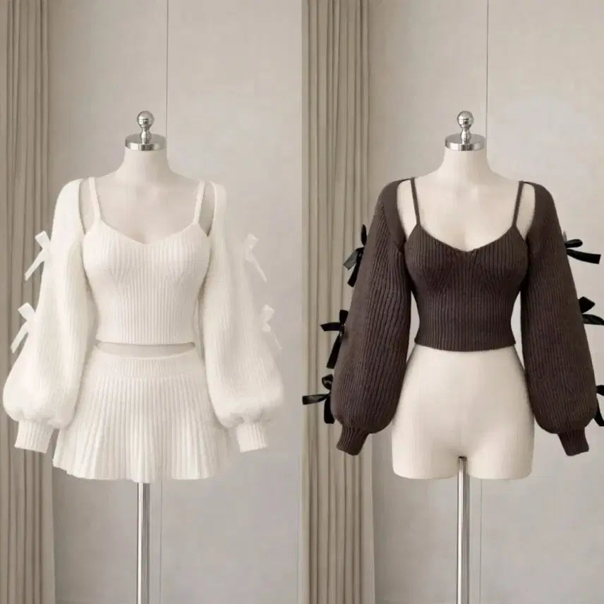 [BUNJANG] YeoriFit Balletcore Ribbon Knit Two-Piece Set / 여리핏 발레코어 리본 니트나시+가디건+치마 투피스 세트