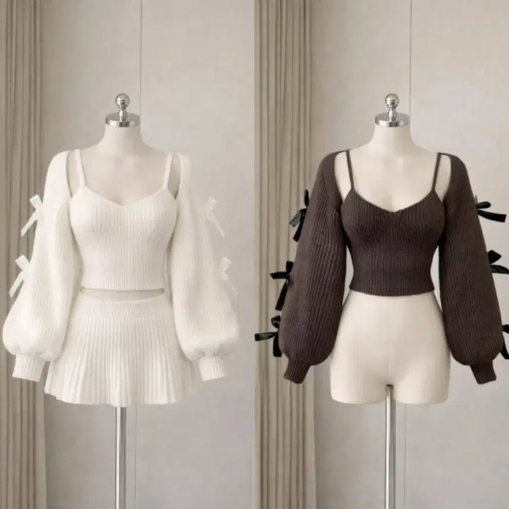 [BUNJANG] YeoriFit Balletcore Ribbon Knit Two-Piece Set / 여리핏 발레코어 리본 니트나시+가디건+치마 투피스 세트