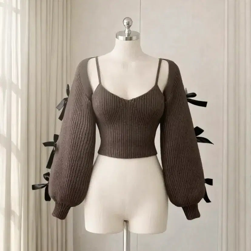 [BUNJANG] YeoriFit Balletcore Ribbon Knit Two-Piece Set / 여리핏 발레코어 리본 니트나시+가디건+치마 투피스 세트