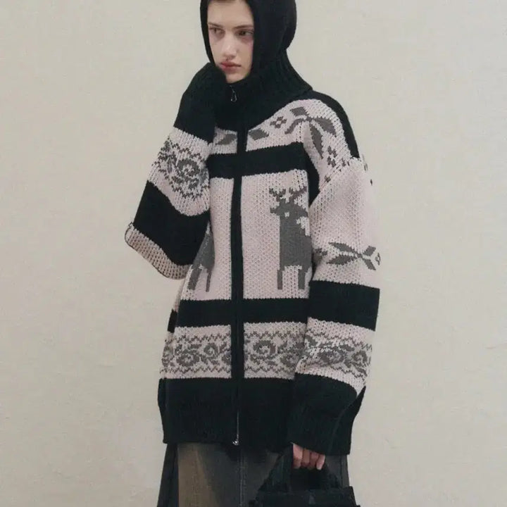 [BUNJANG] Leatherly Nordic Knit Zip-Up Sweater / 레더리 노르딕 니트 집업 블랙 핑크