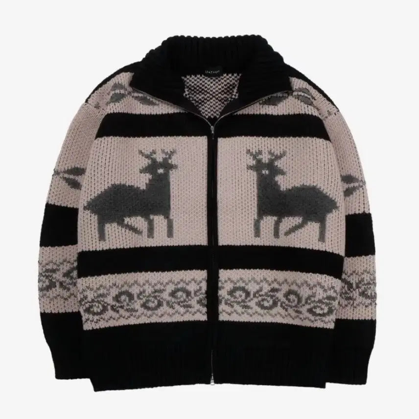 [BUNJANG] Leatherly Nordic Knit Zip-Up Sweater / 레더리 노르딕 니트 집업 블랙 핑크