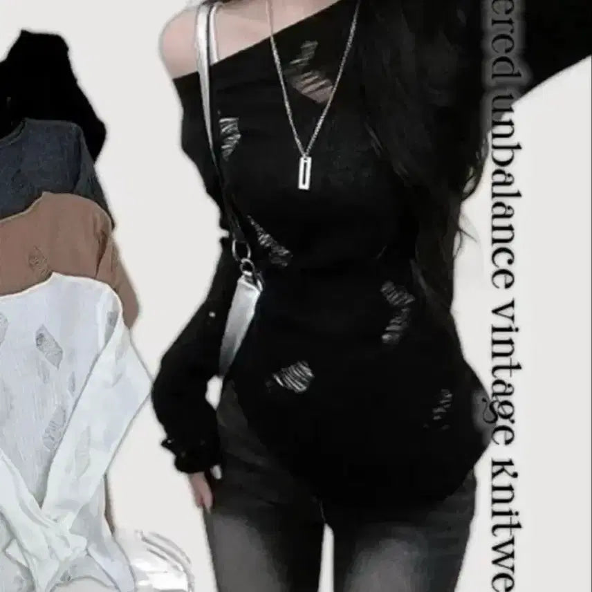 [BUNJANG] Unbalance Damage Knit Black / 언발란스 데미지 니트 블랙