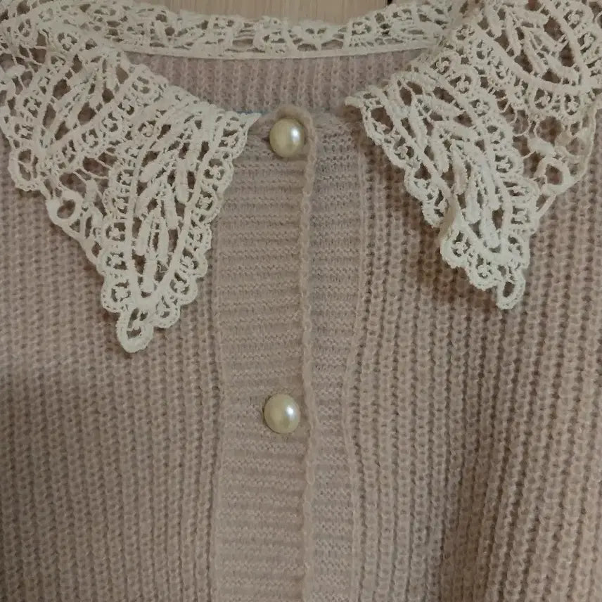 [BUNJANG] Lace Collar Pearl Button Cardigan / 빅사이즈 레이스 카라 진주 버튼 가디건 77 통통66