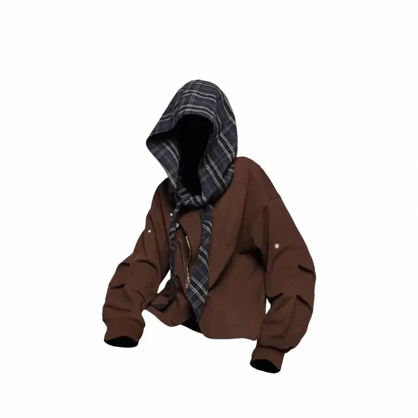 [BUNJANG] Relabel Brown Check Hooded Zip-up Jacket / Relabel 브라운 체크 후드 집업 자켓