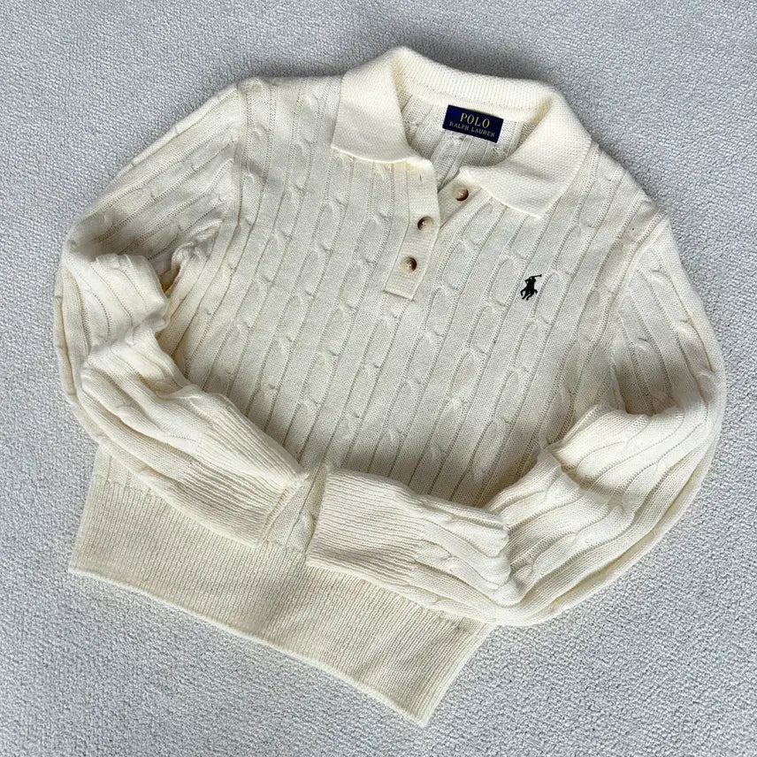 [BUNJANG] Polo Cable Knit Collar Long Sleeve Ivory Shirt / 폴로 케이블 니트 카라 긴팔 아이보리 S