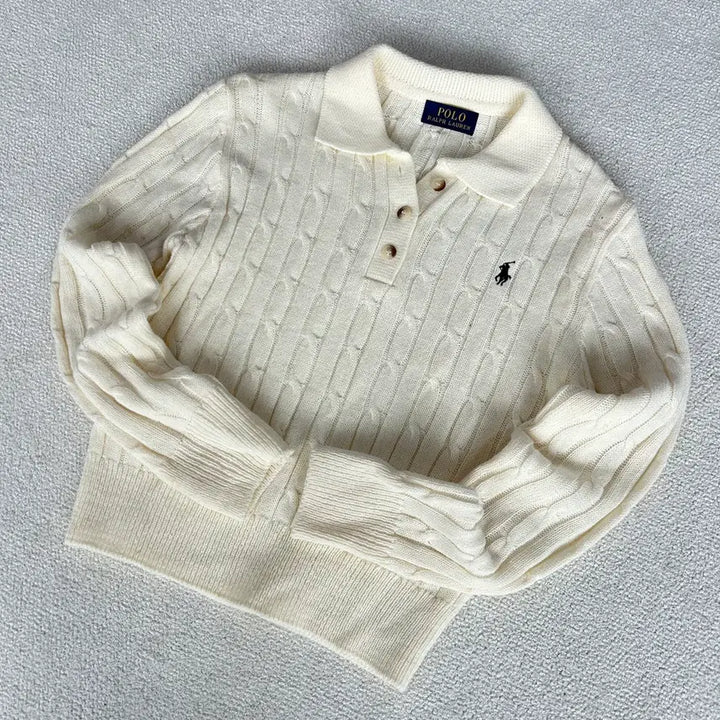 [BUNJANG] Polo Cable Knit Collar Long Sleeve Ivory Shirt / 폴로 케이블 니트 카라 긴팔 아이보리 S