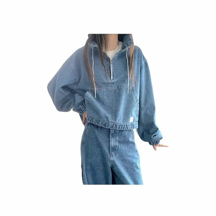 [BUNJANG] Denim Quarter Zip-Up Hoodie / 미사용)  데님 청 쿼터 집업 후드