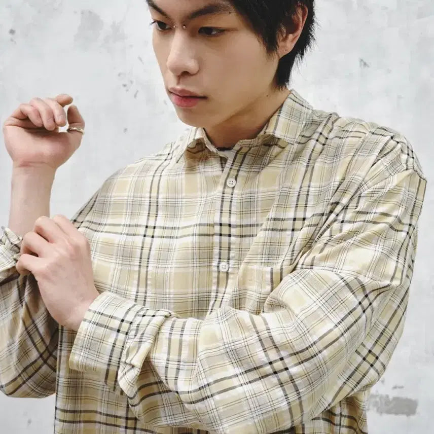 [BUNJANG] Intempo Mood Mare Check Crop Shirt Yellow M / 인템포무드 마레 체크 크롭 셔츠 옐로우 M