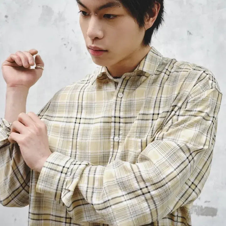 [BUNJANG] Intempo Mood Mare Check Crop Shirt Yellow M / 인템포무드 마레 체크 크롭 셔츠 옐로우 M