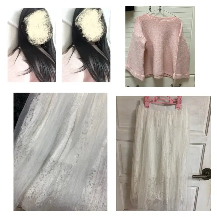 [BUNJANG] Pleated Lace Skirt with Pink Knit / 55-77 플리츠 레이스 샤스커트 밴딩 (+핑크니트 덤)