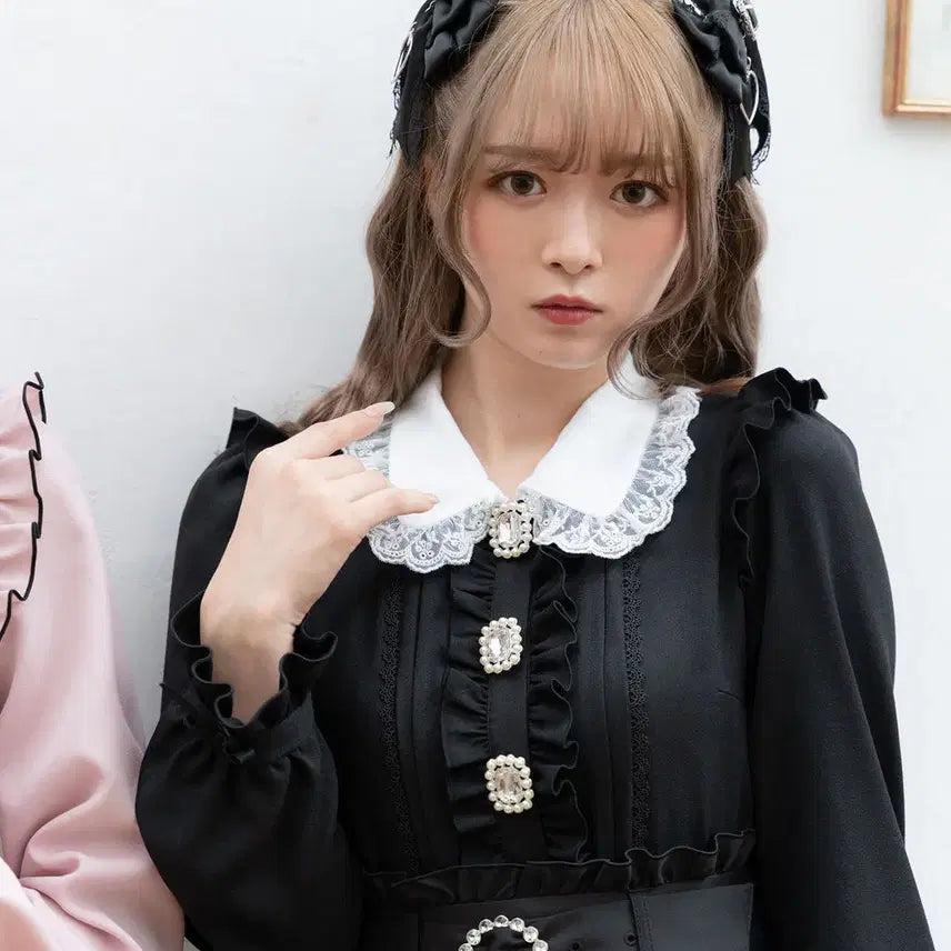 [BUNJANG] Dear My Love Bling Bling Frill Ribbon Blouse / 디어마이러브 디마럽 블링블링 비쥬 프릴 리본 블라우스