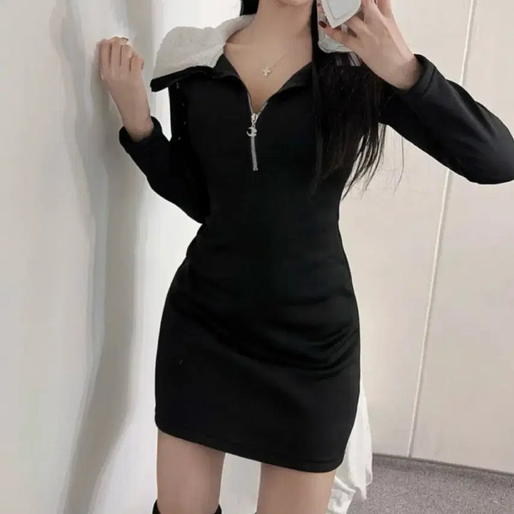 [BUNJANG] Black Fur Collar Mini Dress / 블랙 퍼 카라 원피스