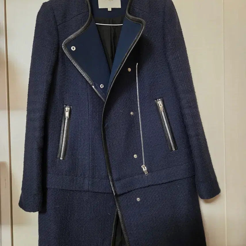 [BUNJANG] Maje Navy Two-Way Leather Trimmed Jacket / 마쥬 네이비 라이더 숏자켓도 되고 롱자켓도 되는 투웨이