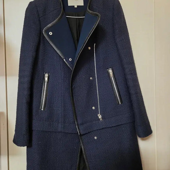 [BUNJANG] Maje Navy Two-Way Leather Trimmed Jacket / 마쥬 네이비 라이더 숏자켓도 되고 롱자켓도 되는 투웨이