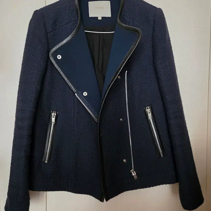 [BUNJANG] Maje Navy Two-Way Leather Trimmed Jacket / 마쥬 네이비 라이더 숏자켓도 되고 롱자켓도 되는 투웨이