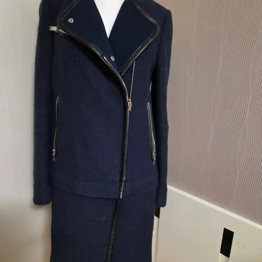 [BUNJANG] Maje Navy Two-Way Leather Trimmed Jacket / 마쥬 네이비 라이더 숏자켓도 되고 롱자켓도 되는 투웨이