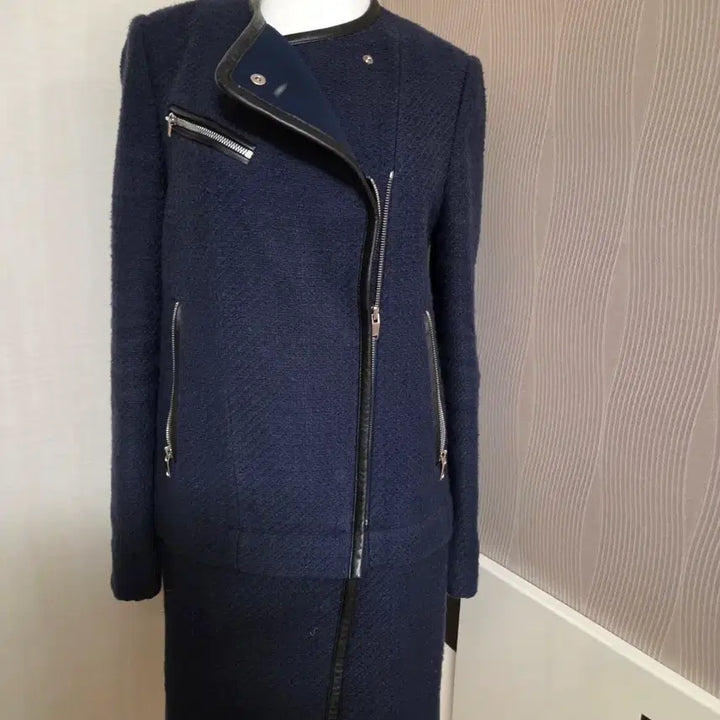 [BUNJANG] Maje Navy Two-Way Leather Trimmed Jacket / 마쥬 네이비 라이더 숏자켓도 되고 롱자켓도 되는 투웨이
