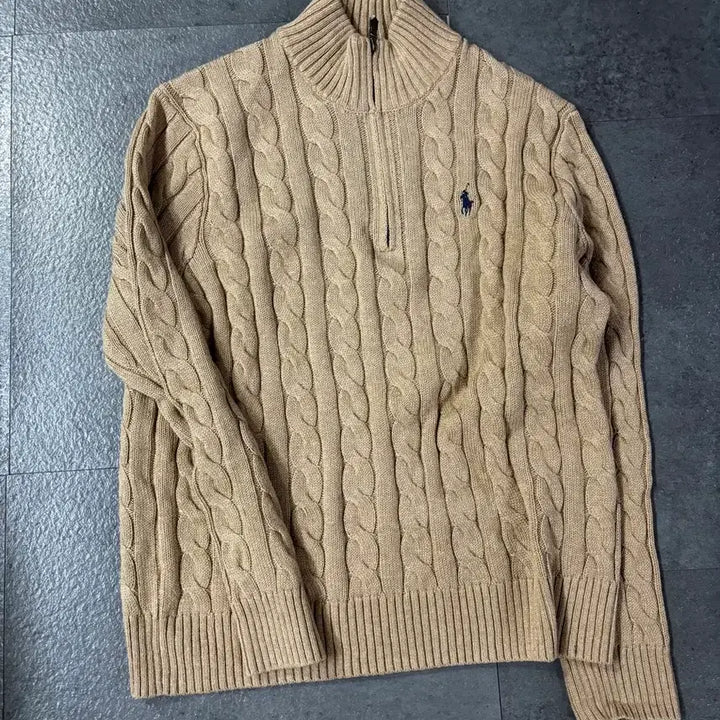 [BUNJANG] Polo Ralph Lauren Tan Cable Knit Zip-up Sweater / 폴로 랄프로렌 집업니트 tan M사이즈 qr인증
