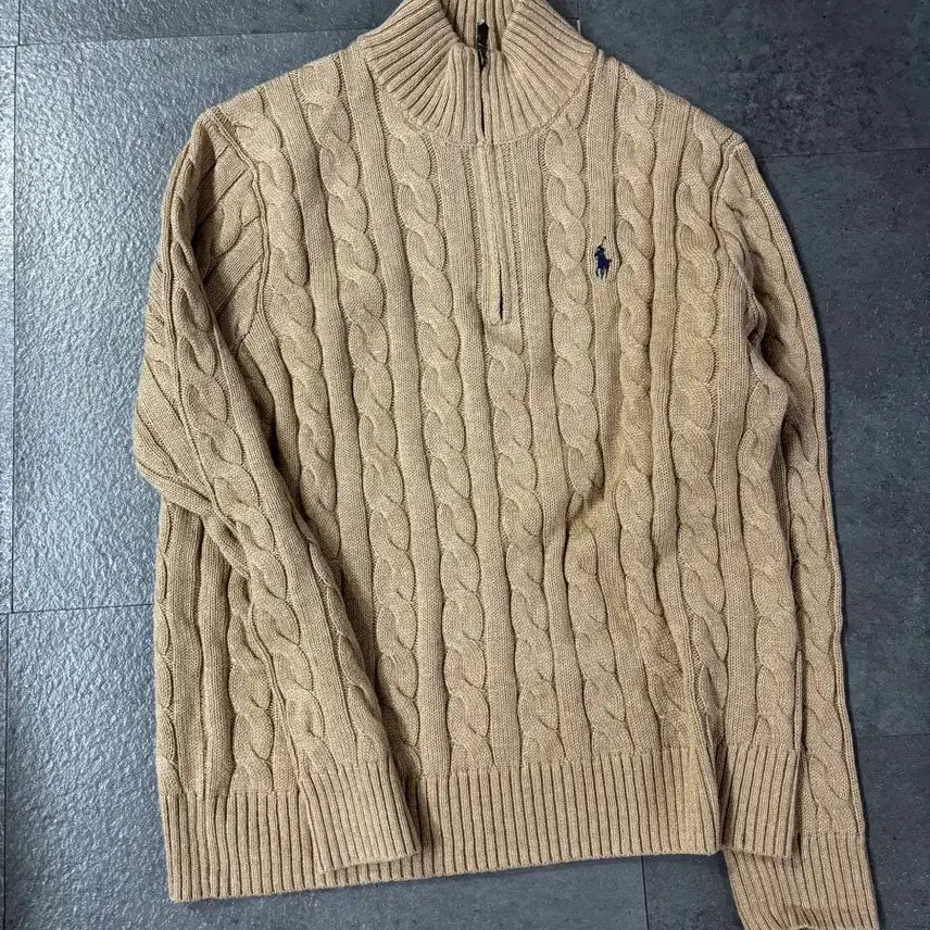 [BUNJANG] Polo Ralph Lauren Tan Cable Knit Zip-up Sweater / 폴로 랄프로렌 집업니트 tan M사이즈 qr인증