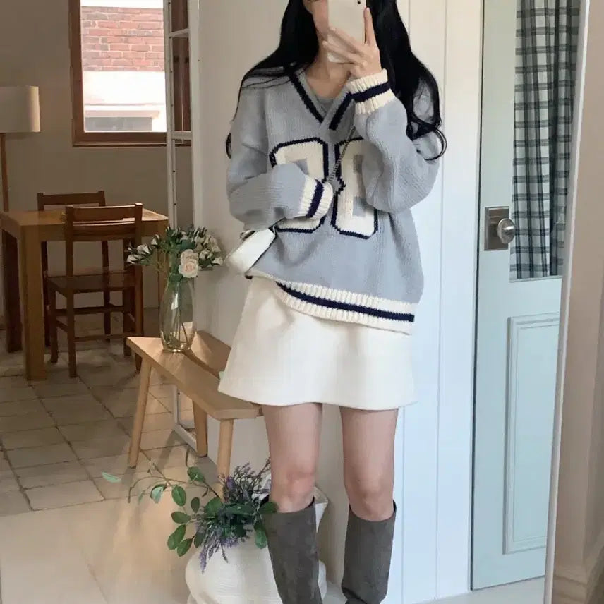 [BUNJANG] Aedin Able Gray Numbering Knit Sweater / 에이딘에이블 그레이넘버링니트스웨터