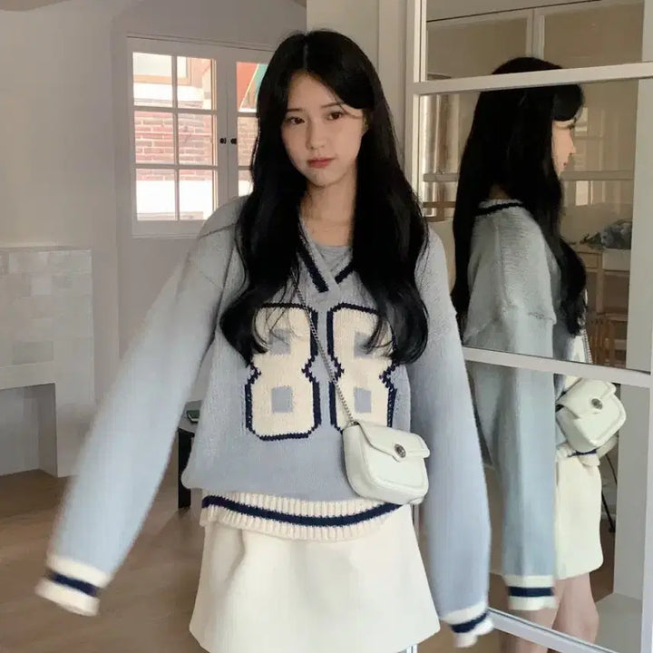 [BUNJANG] Aedin Able Gray Numbering Knit Sweater / 에이딘에이블 그레이넘버링니트스웨터