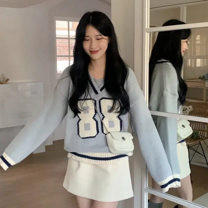 [BUNJANG] Aedin Able Gray Numbering Knit Sweater / 에이딘에이블 그레이넘버링니트스웨터