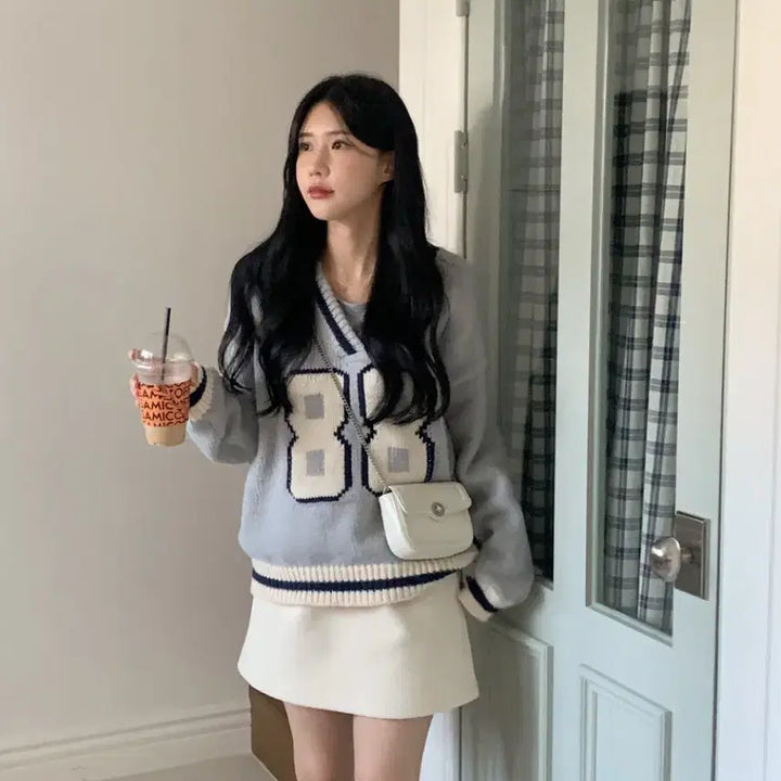 [BUNJANG] Aedin Able Gray Numbering Knit Sweater / 에이딘에이블 그레이넘버링니트스웨터
