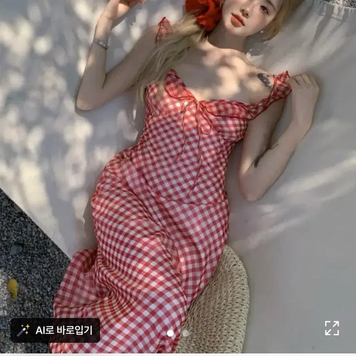 [BUNJANG] Red Checkered Frill Long Dress / 레드 체크 프릴 원피스