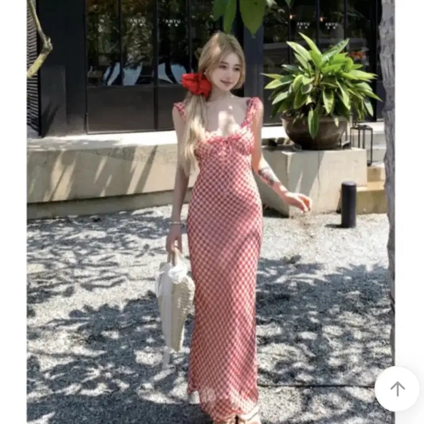 [BUNJANG] Red Checkered Frill Long Dress / 레드 체크 프릴 원피스