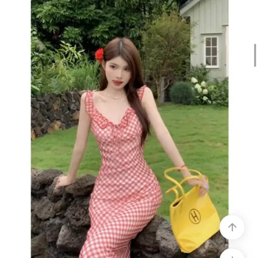 [BUNJANG] Red Checkered Frill Long Dress / 레드 체크 프릴 원피스
